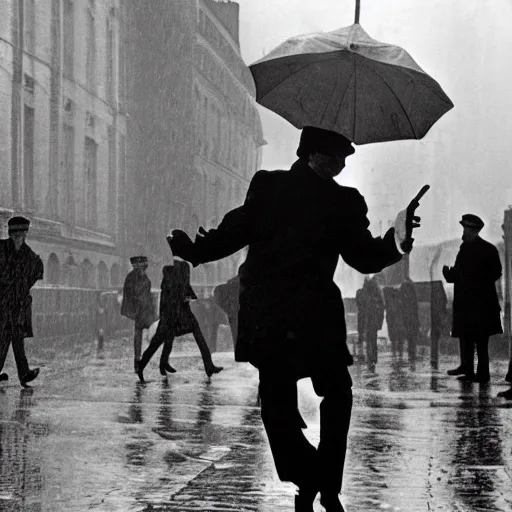 Image similar to the man leaping with an umbrella in a raining paris street, by henri cartier bresson,