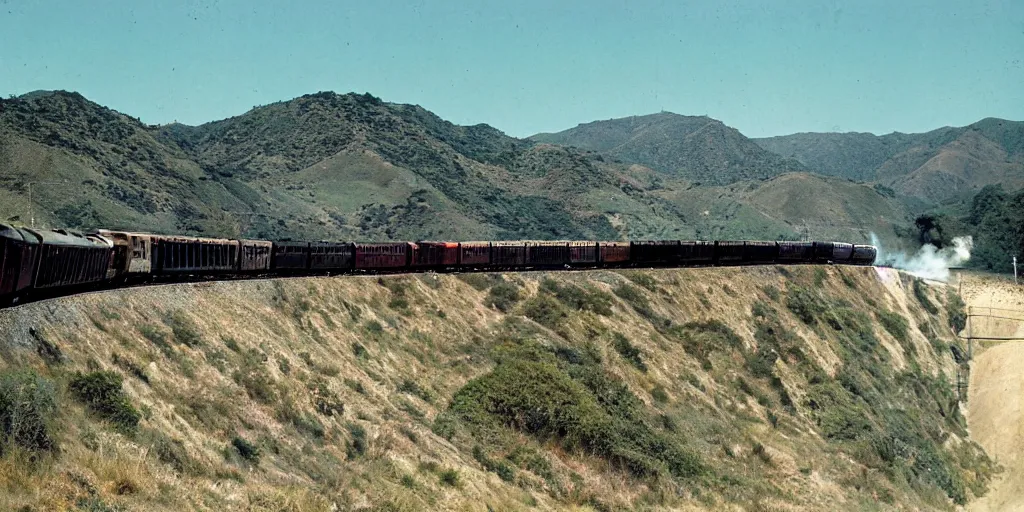 Prompt: The Coast Daylight train run by the Southern Pacific Railroad between Los Angeles and San Francisco, chrome, shinny black