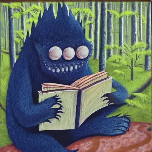 Image similar to monster reading a book in a forest, where the wild things are, bicycle nearby, oil on canvas, calm