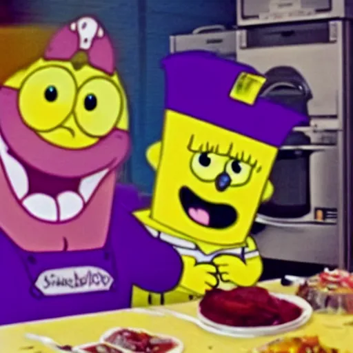 Prompt: polaroid of spongebob and thanos cooking in hotel as master chef
