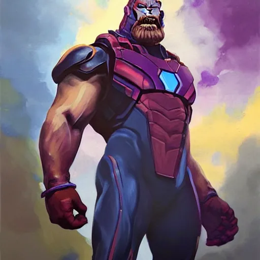 Image similar to greg manchess portrait painting of ryan reynolds as thanos!!! evil, sad! with a ginger cat as overwatch character, medium shot, asymmetrical, profile picture, organic painting, sunny day, matte painting, bold shapes, hard edges, street art, trending on artstation, by huang guangjian and gil elvgren and sachin teng