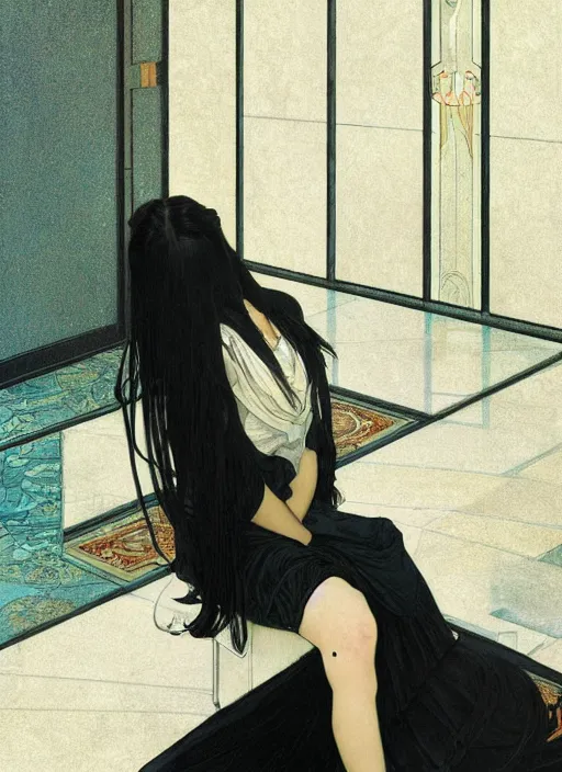 Image similar to a lonely young girl with straight long black hair wearing black dress that sitting on bathroom floor, art by artgem, greg rutkowski and alphonse mucha