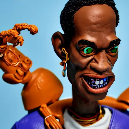 Image similar to a cartoon claymation medium close up sculpture of Travis Scott, in the style of Robot Chicken