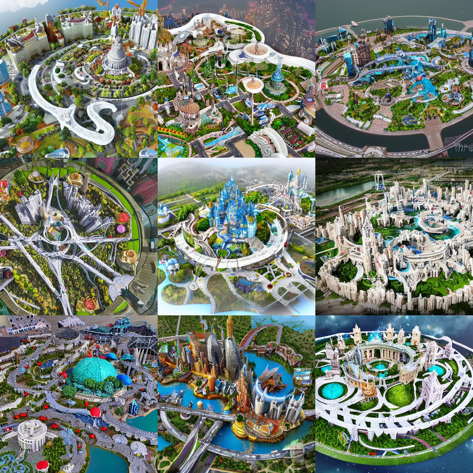 Prompt: bird view of fantasy city made from white stone