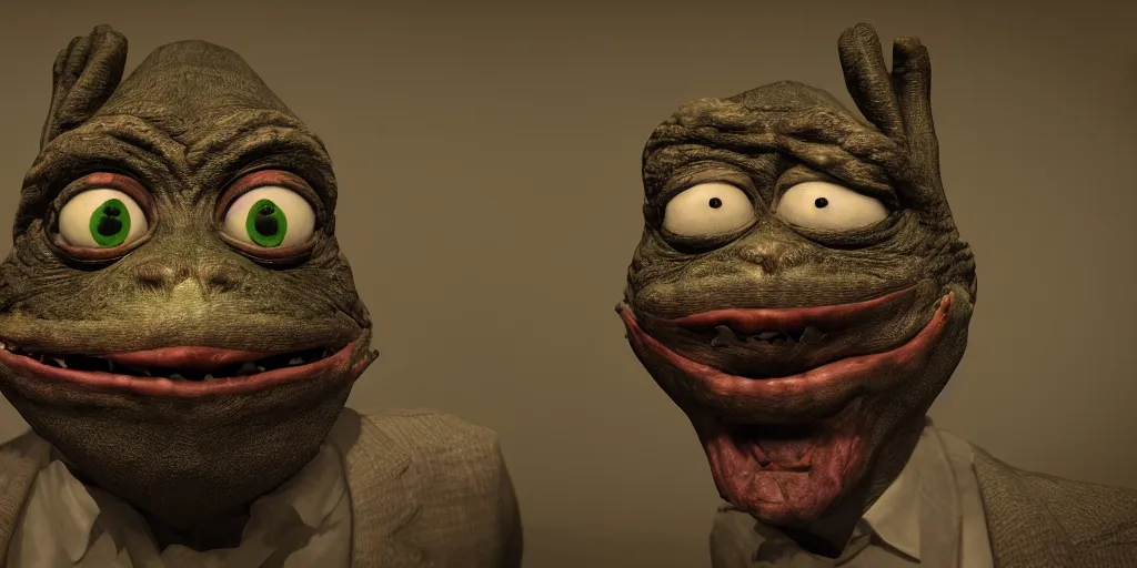 Prompt: pepe, horror, dark cinematic, volumetric, realistic, 3d render, Realistic Render, Cinematic lighting, Volumetric lighting, atmospheric, cinematic, unreal engine, unreal engine render, octane render, HD, photorealism, hyper realistic, photo, 8K, in the style of Chris Cunnigham, by Wes Anderson