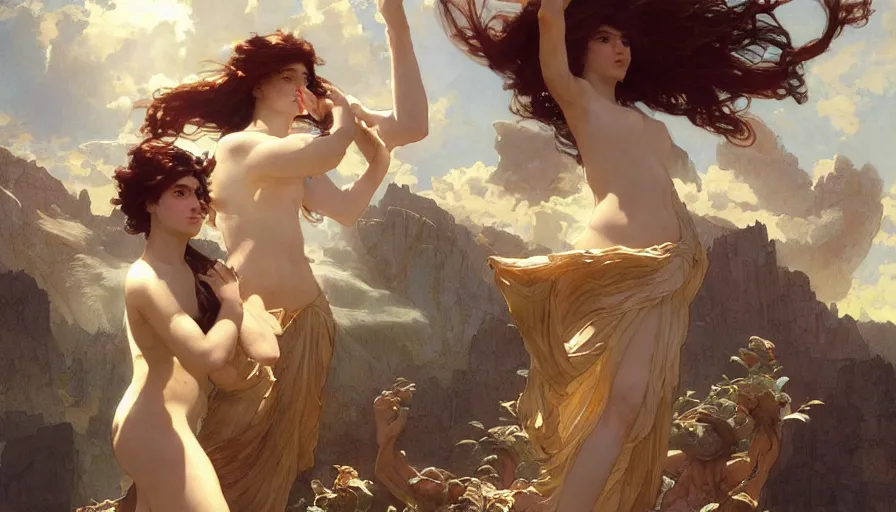 Image similar to goddess helios descending from olympus, artstation, concept art, smooth, sharp focus, illustration, art by artgerm and greg rutkowski and alphonse mucha and william adolphe bouguereau and john william waterhouse