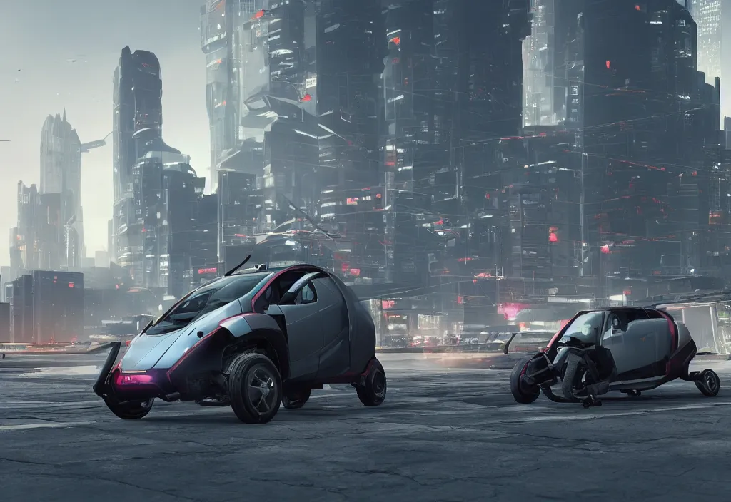 Image similar to octane render of new cyberpunk flying hover version of Renault sandero from 2077 in the city of future