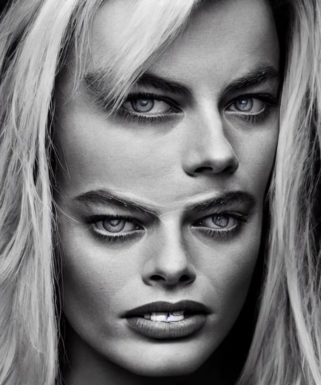 Prompt: a color photograph of margot robbie, by james nachtwey, platinum blond, intense, bold, exaggerated, ultra sharp, extra details, ultra high quality, trending on pinteresst