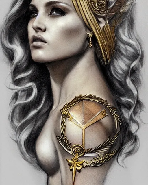 Image similar to tattoo sketch of blonde super model aphrodite greek goddess wearing a gold laurel wreath and triangle earrings, beautiful piercing gaze with sharp pupils, in the style of greg rutkowski, fantasy, amazing detail, epic, elegant, smooth, sharp focus, front view