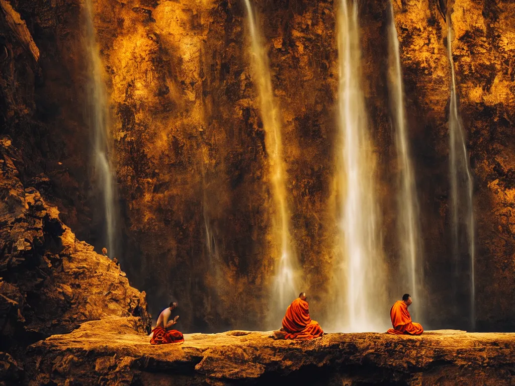 Prompt: dang ngo, annie leibovitz, steve mccurry, a simply breathtaking shot of mediating monk in orange, giantic waterfall, bright moonlight, golden ratio, wide shot, symmetrical