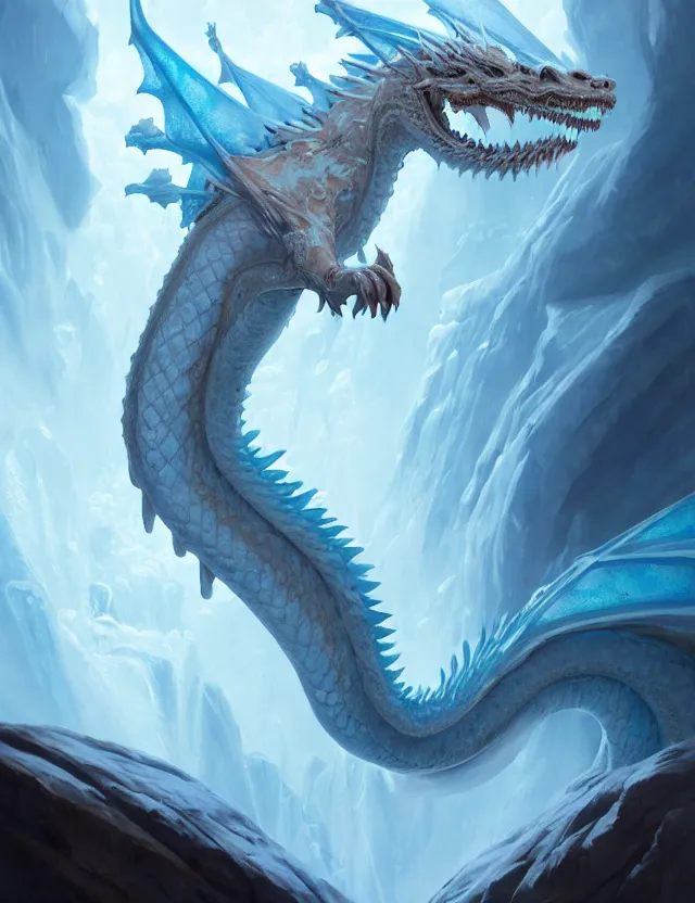 Image similar to portrait of the ice dragon queen, greg rutkowski, greg tacchini, james willard, joe fenton, kete butcher, dynamic lighting, gradient light blue, brown, light cream and white colors, oil aesthetics