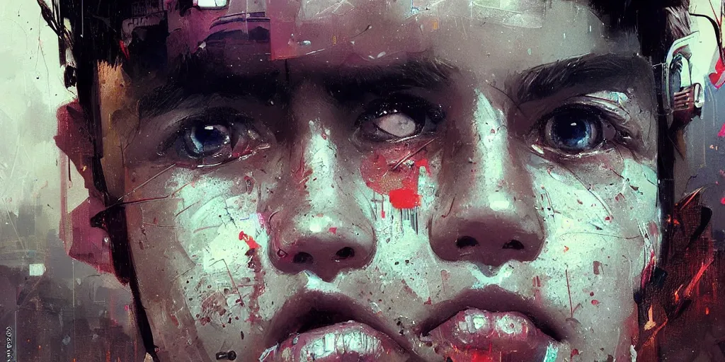 Prompt: extreme closeup on the beautiful eyes of a neon guard boy with short dark hair in front of a crowd with piles of garbage by Ismail inceoglu dragan bibin hans thoma, Perfect face, fine details, realistic shaded, fine-face, pretty face