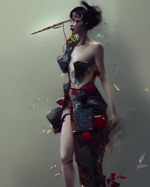 Prompt: olivia wearing an outfit made from random items, half body portrait, 3 d animation, black hair, freckles, pale skin, photo by greg rutkowski, risque fashion, femalev beauty, intricatev detail, elegance, sharp shapes, soft lighting, vibrant colors, masterpiece