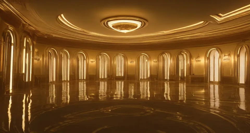 Prompt: an incredibly beautiful scene from a 2 0 2 2 marvel film featuring an art deco palace during a hurricane. recessed lights. large windows. lightning. golden hour. 8 k uhd.