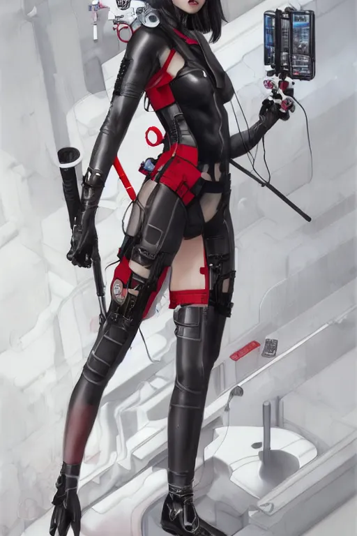 Image similar to covid - 1 9 nurse holding a syringe, wearing nurse bikini armor, black and white and red bodysuit, cyberpunk, neo - gothic, by tom bagshaw and alphonse mucha and atey ghailan and artgerm and and greg rutkowski and hajime soriyama, ultra detailed, hyper realistic, octane render, trending on artstation