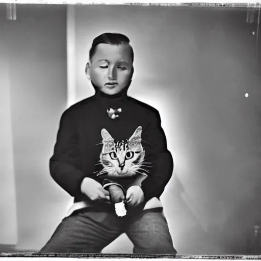 Prompt: futuristic time traveller with cat companion on his shoulder, in 1 9 3 0 s new york, shot on old film, black and white