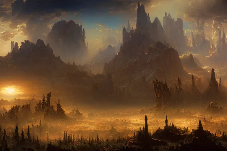 Image similar to painting of a post - apocaliptic wonderland by albert bierstadt, matte painting, unreal engine, 8 k resolution, beautiful, dark ambient