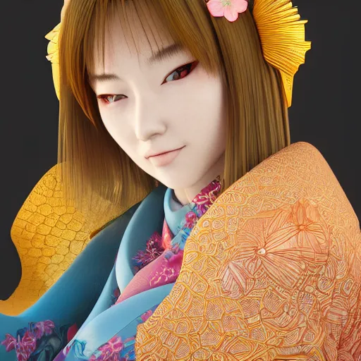 Prompt: centered portrait of a slight happy 3D beautiful Japanese girl in kimono, hyperdetailed, digital painting, trending on Artstation, cel-shading style, CG society, hyperdetailed, digital painting, hypermaximalist, golden ratio, volumetric, octane render, weta digital, micro details, 3d sculpture