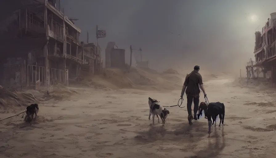 Prompt: guy and his dog walking in an abandoned cow - boy town covered by sand, heavy wave, hyperdetailed, artstation, cgsociety, 8 k