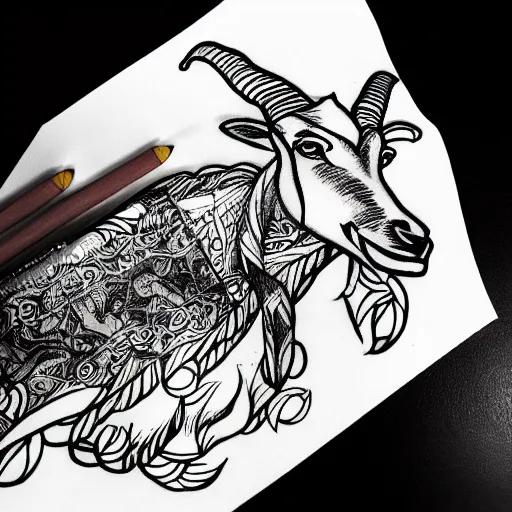 Image similar to a detailed tattoo outline of a !goat, biting a churro!, 4k, illustration, sharp focus