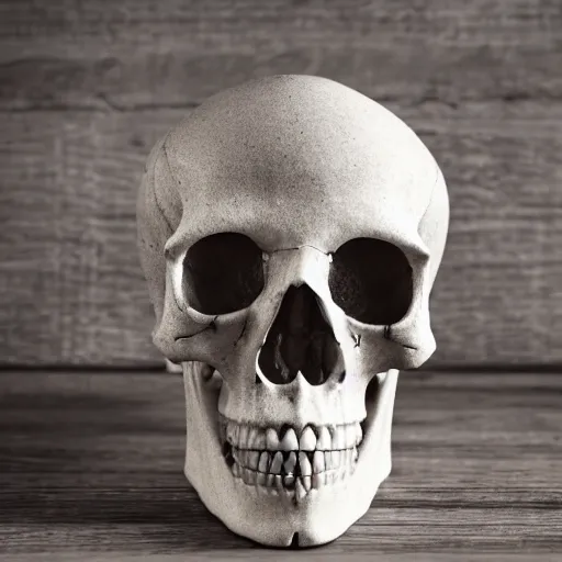 Prompt: opal human skull sitting on a wooden table, downlighting, symmetrical - n 9