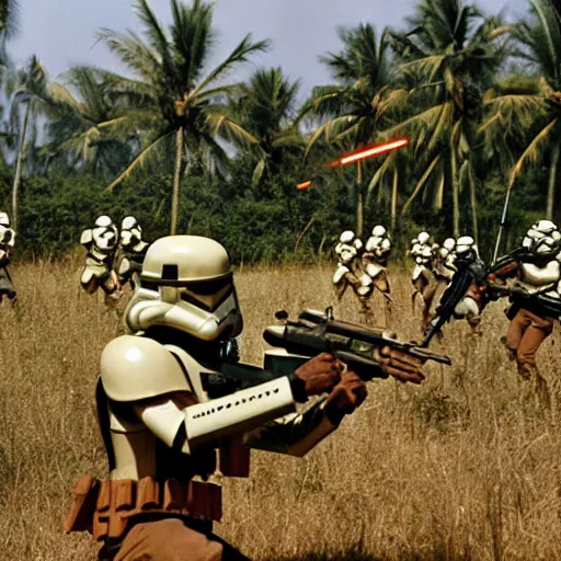 Prompt: star wars clone troopers combat soldiers in vietnam, photo, old picture, lush landscape, jungle, firearms, explosions, helicopters, aerial combat, active battle zone, flamethrower, air support, jedi, land mines, gunfire, violent, star destroyers, star wars lasers, sci - fi, jetpacks, agent orange, bomber planes, smoke, trench warfare