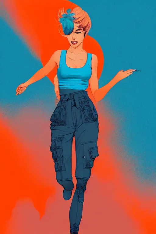 Image similar to a award winning half body portrait of a beautiful caucasian woman in a croptop and cargo pants with ombre orange blue teal hairstyle with head in motion and hair flying by will eisner, outrun, vaporware, digital art, trending on artstation, highly detailed, fine detail, intricate