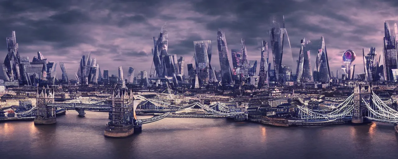 Image similar to epic cinematic artwork landscape of London's skyline in the year 3000, futurism, digital art, masterpiece, 4k, fine art