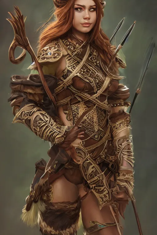 Prompt: Gorgeous Jungle Ranger, brown armor, thick bow, ornamental arrows, high fantasy, elf, brown hair, trending on artstation, artstationHD, artstationHQ, octane, alluring, intrinsic, by leng jun, by frank franzzeta