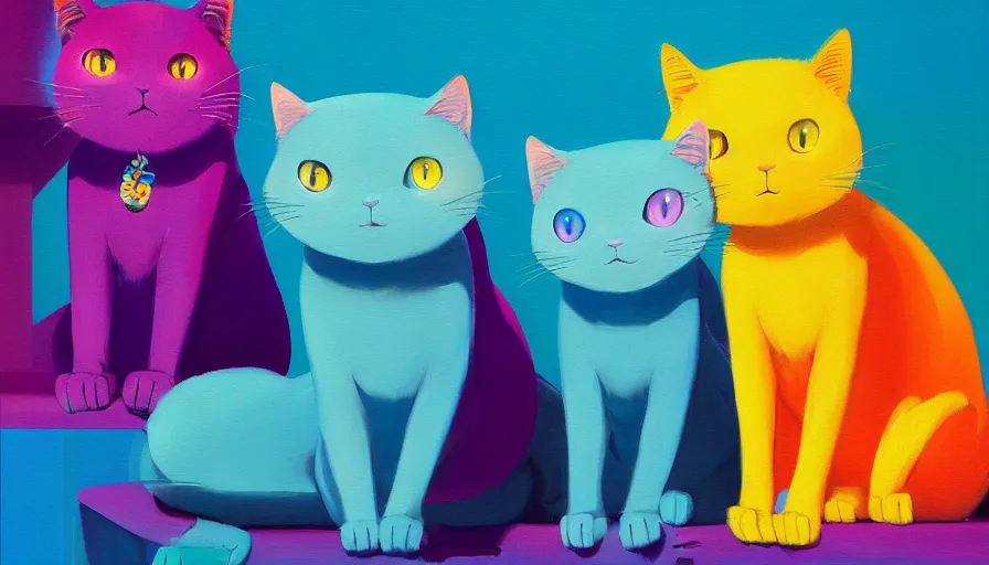 Prompt: contemporary semi abstract acrylic painting of really tall sitting cats by makoto shinkai, by lisa frank, by greg rutkowski, thick brush strokes and visible paint layers, multicolor color scheme