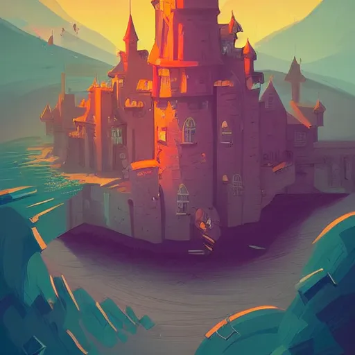 Image similar to a castle in a stunning sea by Anton Fadeev and Simon Stalenhag, purple scheme, trending on artstation