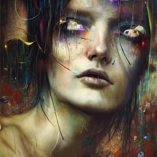 Image similar to cyberpunk dreaming by eugene von bruenchenhein, peter lindbergh, sam spratt, michael page, alyssa monks, julie heffernan, glenn brown, naoto hattori, brian froud, nicola samori, paolo roversi, kilart, 8 k, hyper detailed, hyper realism, acrylic paint, surrealism, smooth, sharp focus