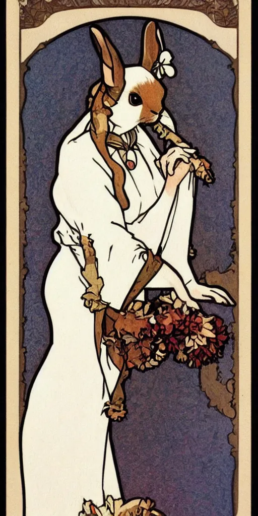 Prompt: a rabbit wearing a white dress in the style of mucha