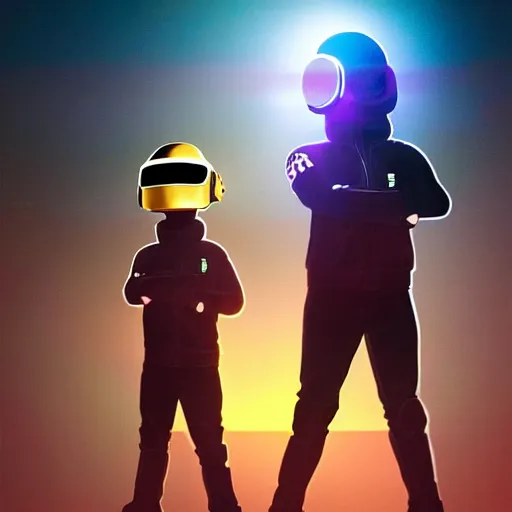 Image similar to miniature daft punk kids standing back to back, twilight zone background, illustration, artgerm, octane render, inspired by Greg rutkowski, colorful, studio lighting, full body,