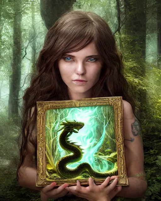 Prompt: portrait high definition photograph cute girl holding a dragon fantasy character art, hyper realistic, pretty face, hyperrealism, iridescence water elemental, snake skin armor forest dryad, woody foliage, 8 k dop dof hdr fantasy character art, by aleski briclot and alexander'hollllow'fedosav and laura zalenga