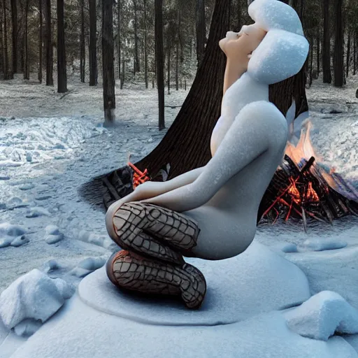 Prompt: a beautiful woman made out of snow and ice sitting by a campfire and slowly melting, by iris van herpen, unreal engine 5, outdoor campfire pit