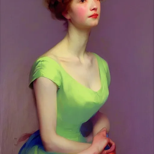 Image similar to yanjun cheng portrait of a beautiful princes, neon dress, by norman rockwell, bouguereau