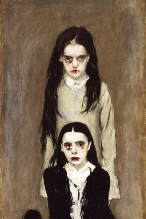 Prompt: portrait of a crying wednesday addams by walter sickert, john singer sargent, and william open