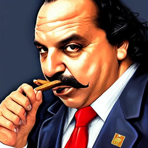 Image similar to handsome Ron Jeremy as President of United States of America as GTA character smoking a cuban cigar, sci-fi fantasy, closeup, D&D, intricate, elegant, highly detailed, digital painting, artstation, concept art, matte, sharp focus, illustration, art by Artgerm and Greg Rutkowski and Alphonse Mucha