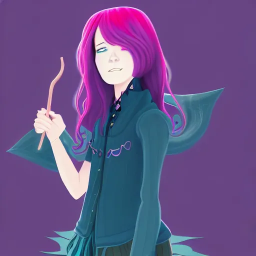 Prompt: A young adult witch with a cottage-core aesthetic with rose-colored hair and teal clothing, Nobutaka Ike, character design, fantasy, 8k resolution