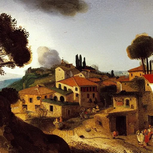 Prompt: oil painting of a small italian village in tuscany on top of a small hill overlooking the sea, people enjoying everyday life and cattle herds in the distance, painting by jacob van ruisdael, rembrandt, jan van goyen