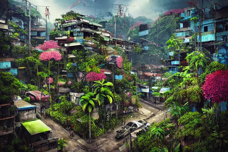 Image similar to favela winding cybernetic thrill ride, lush floral jungle environment, blooms, industrial factory, somber, apocalyptic, award winning art, epic dreamlike fantasy landscape, ultra realistic,