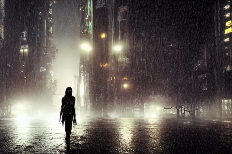 Image similar to vfx cyberpunk beautiful black woman photo real, sci-fi city street night lighting, rain and fog by Emmanuel Lubezki