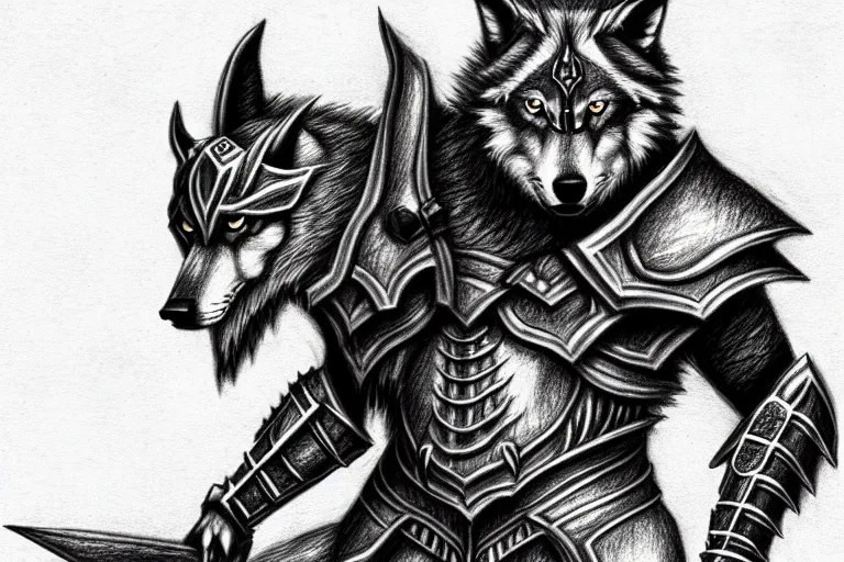 Image similar to a pencil drawing of a wolf, full body, D&D, armor, made by by Pen Tacula