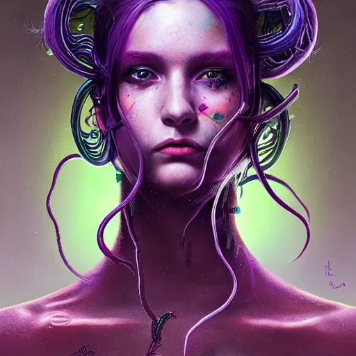 Image similar to detailed art portrait of a furious teen girl with thin, hair-like purple tentacles on her head and bright purple eyes, 8k,by tristan eaton, Stanley Artgermm,Tom Bagshaw,Greg Rutkowski,Carne Griffiths,trending on DeviantArt, face enhance,hyper detailed ,full of colour