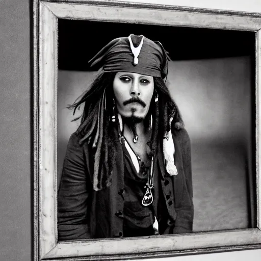 Prompt: black and white award winning photograph captain jack sparrow with wide grin portrait dramatic lighting by Walker Evans