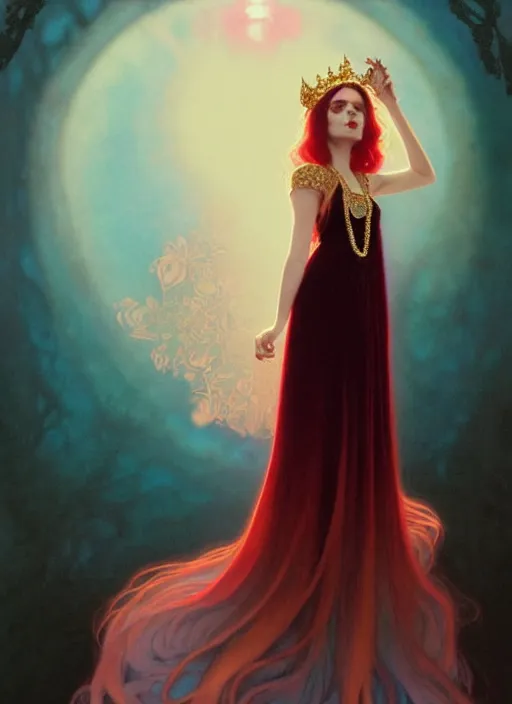 Prompt: ombre velvet gown, lovely queen, portrait, long red hair, small crown, dozens of jeweled necklaces, feral languid woman, by greg rutkowski, anato finnstark, alphonse mucha, global illumination, radiant light