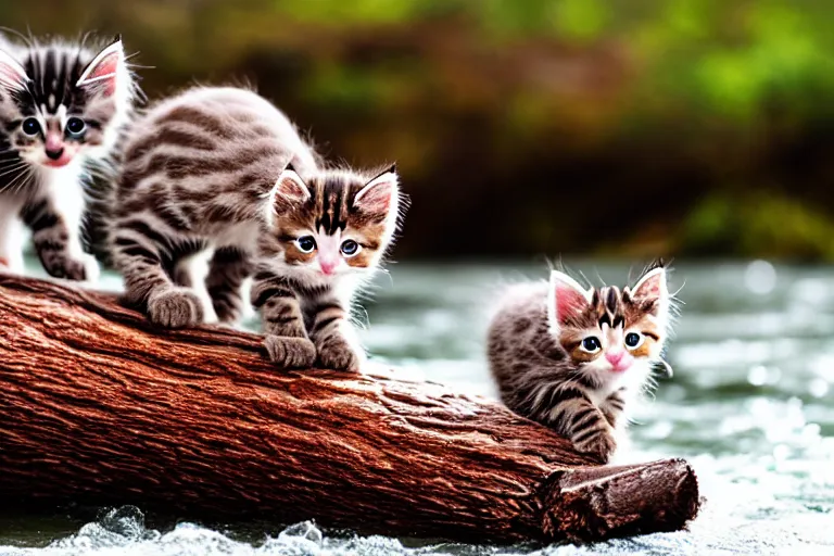Prompt: kittens walking on a log that crosses a river
