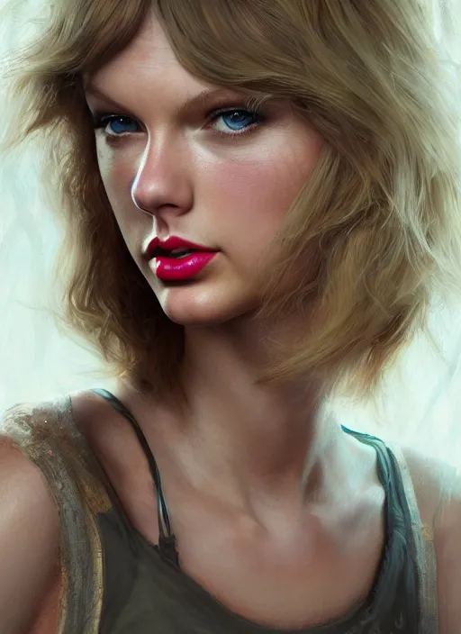 Image similar to taylor swift, au naturel, hyper detailed, digital art, trending in artstation, cinematic lighting, studio quality, smooth render, fluorescent skin, unreal engine 5 rendered, octane rendered, art style by klimt and nixeu and ian sprigger and wlop and krenz cushart