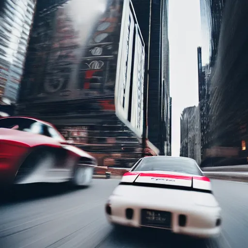 Prompt: photo of a porsche 9 1 1 9 6 4 drifting through nyc, cinematic, motion blur, shallow dof, 3 5 mm, heli shot, macro